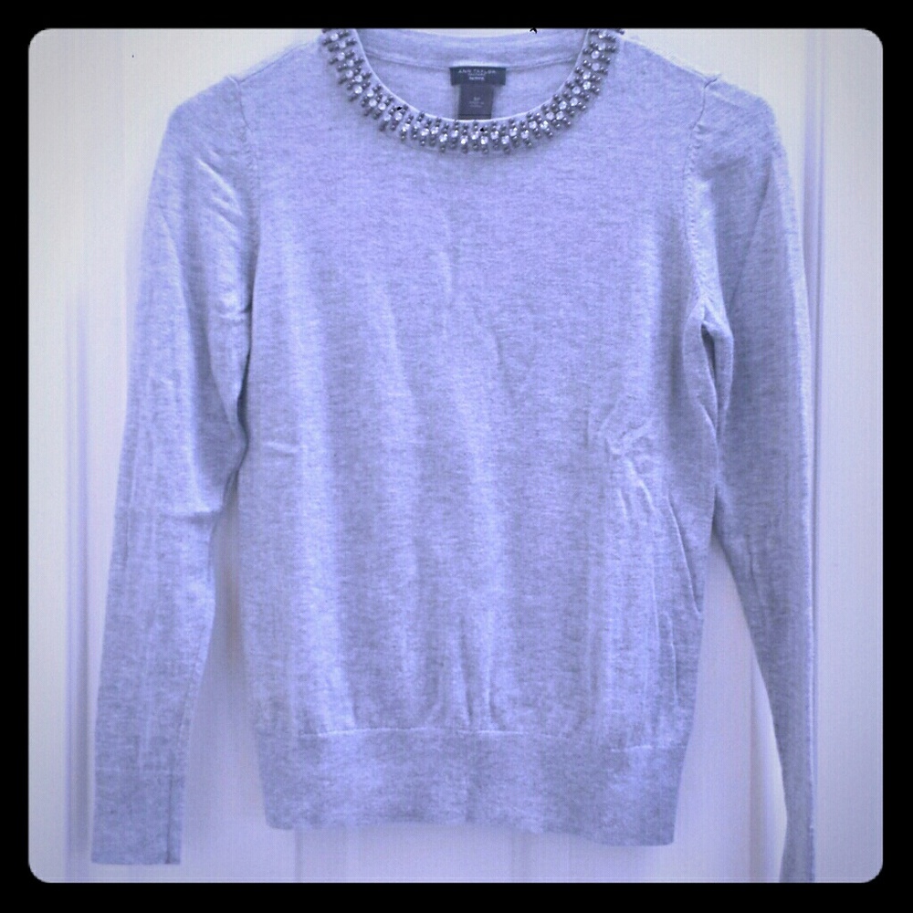 Ann Taylor Jeweled Crew Neck Sweater Heather Gray